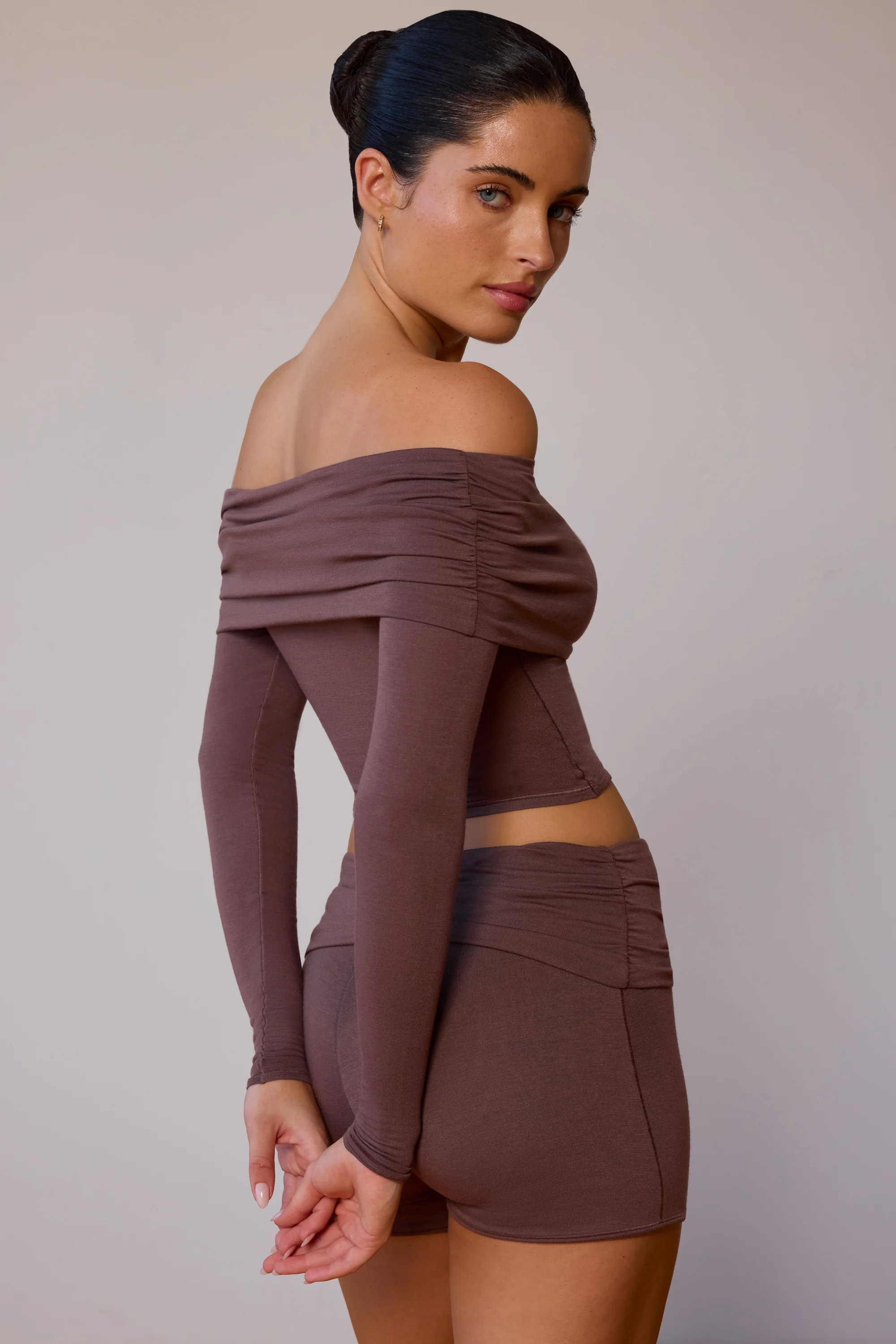Sheer Off-Shoulder Long-Sleeve Top in Taupe Brown - Image 2