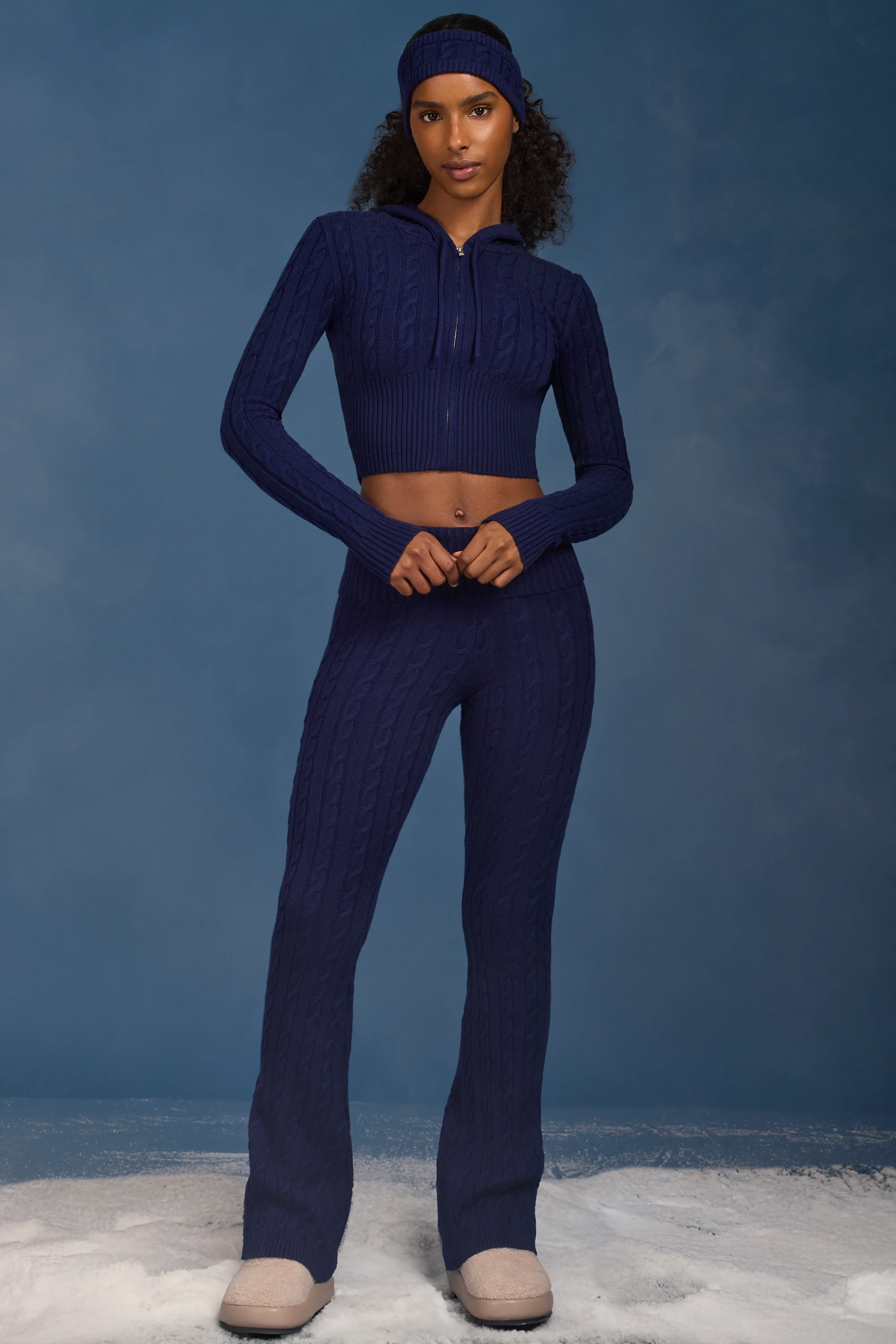 Cable Knit Foldover Flared Trousers in Navy - Image 6