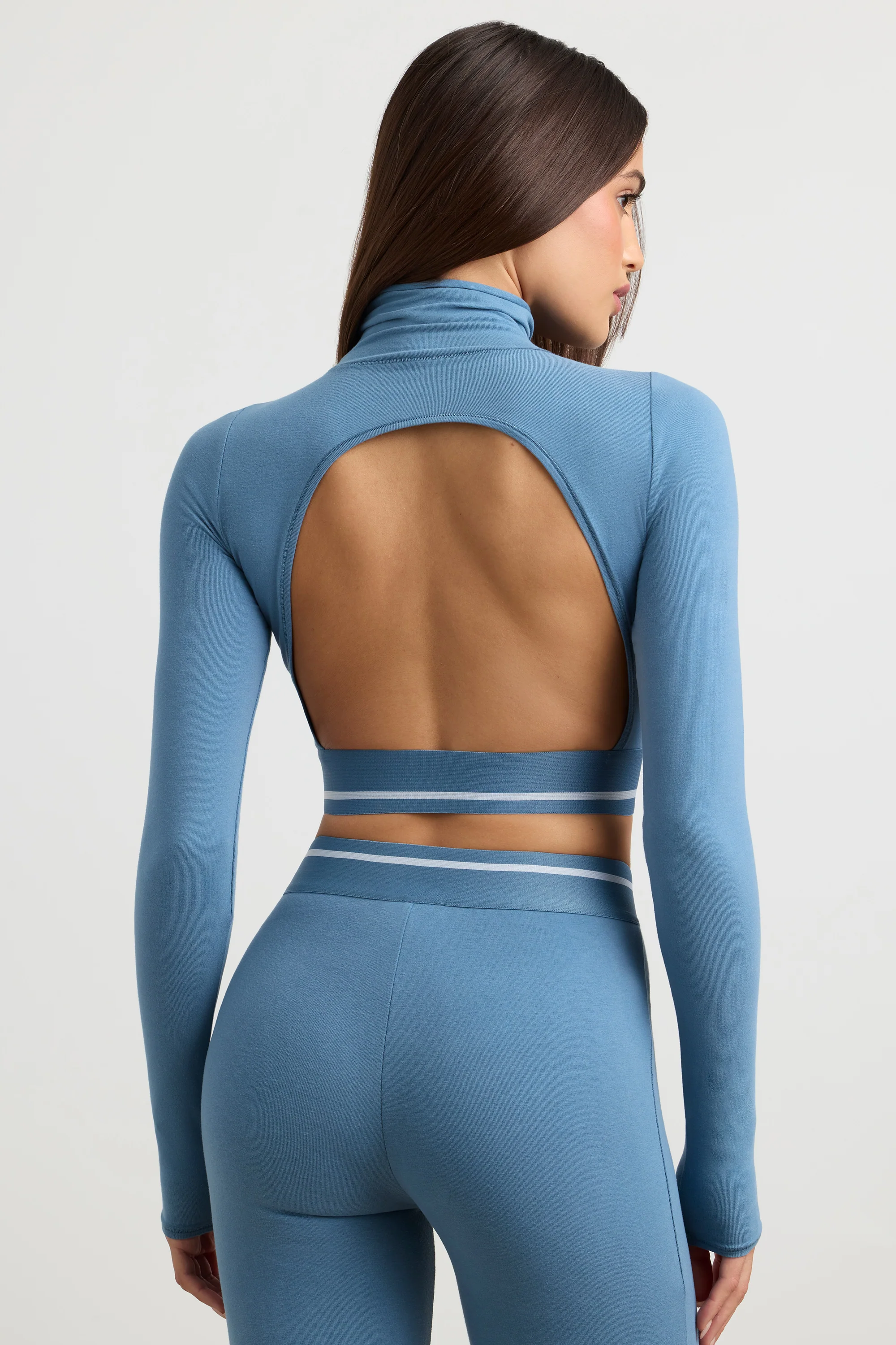 Backless Turtleneck Long-Sleeve Crop Top in Steel Blue - Image 3