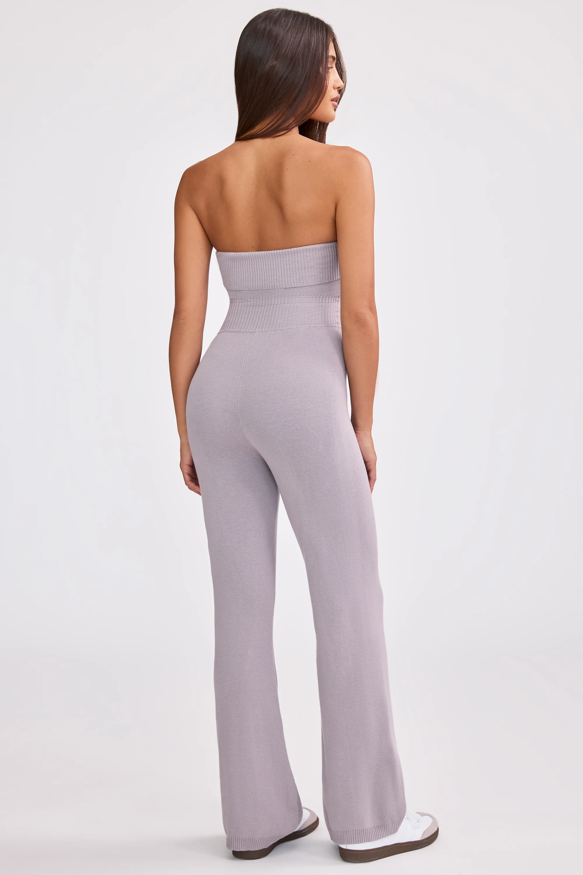 Chunky Knit Bandeau Kick Flare Jumpsuit in Dusty Lavender - Image 3