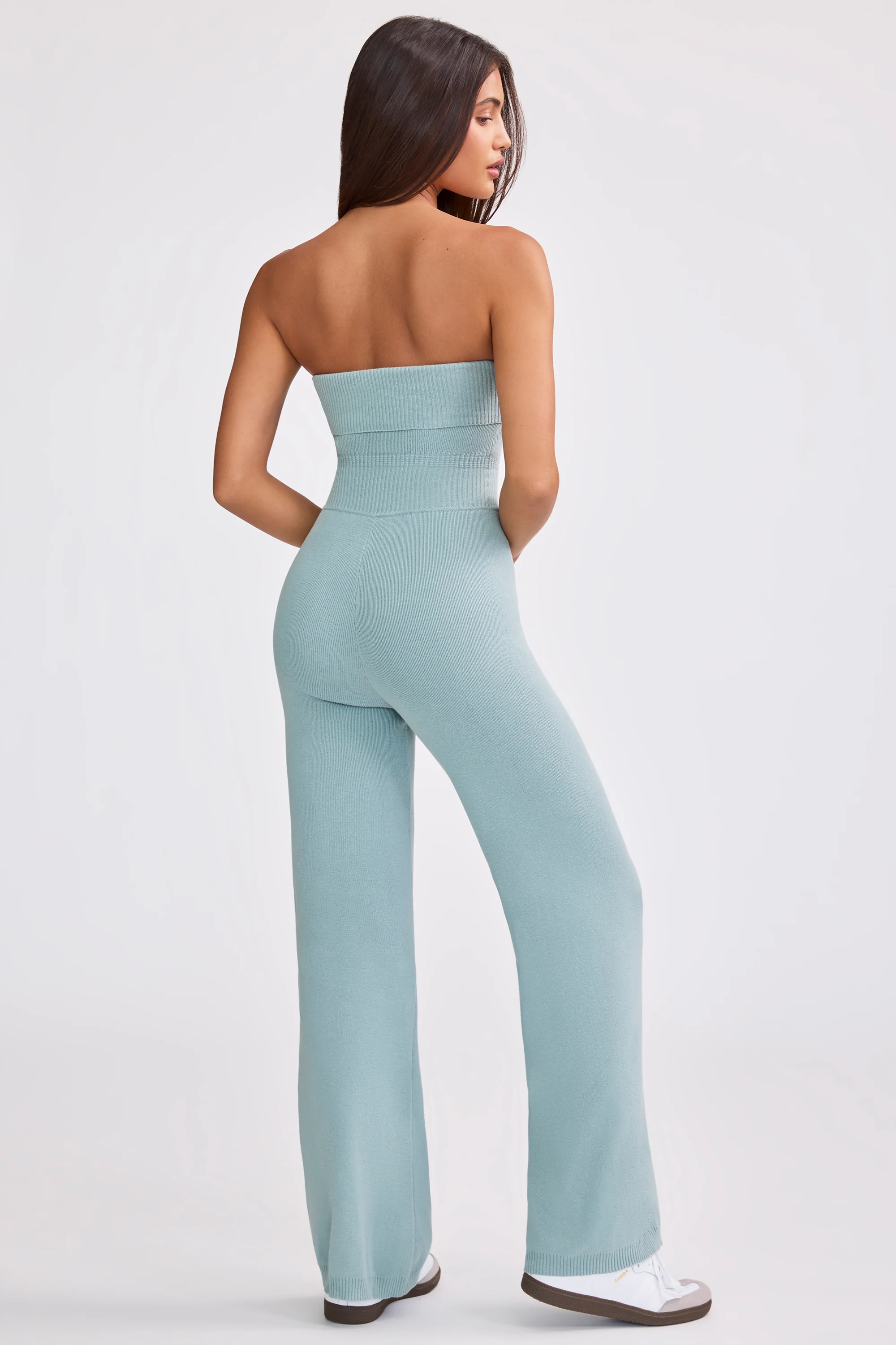 Chunky Knit Bandeau Kick Flare Jumpsuit in Dusty Teal - Image 3