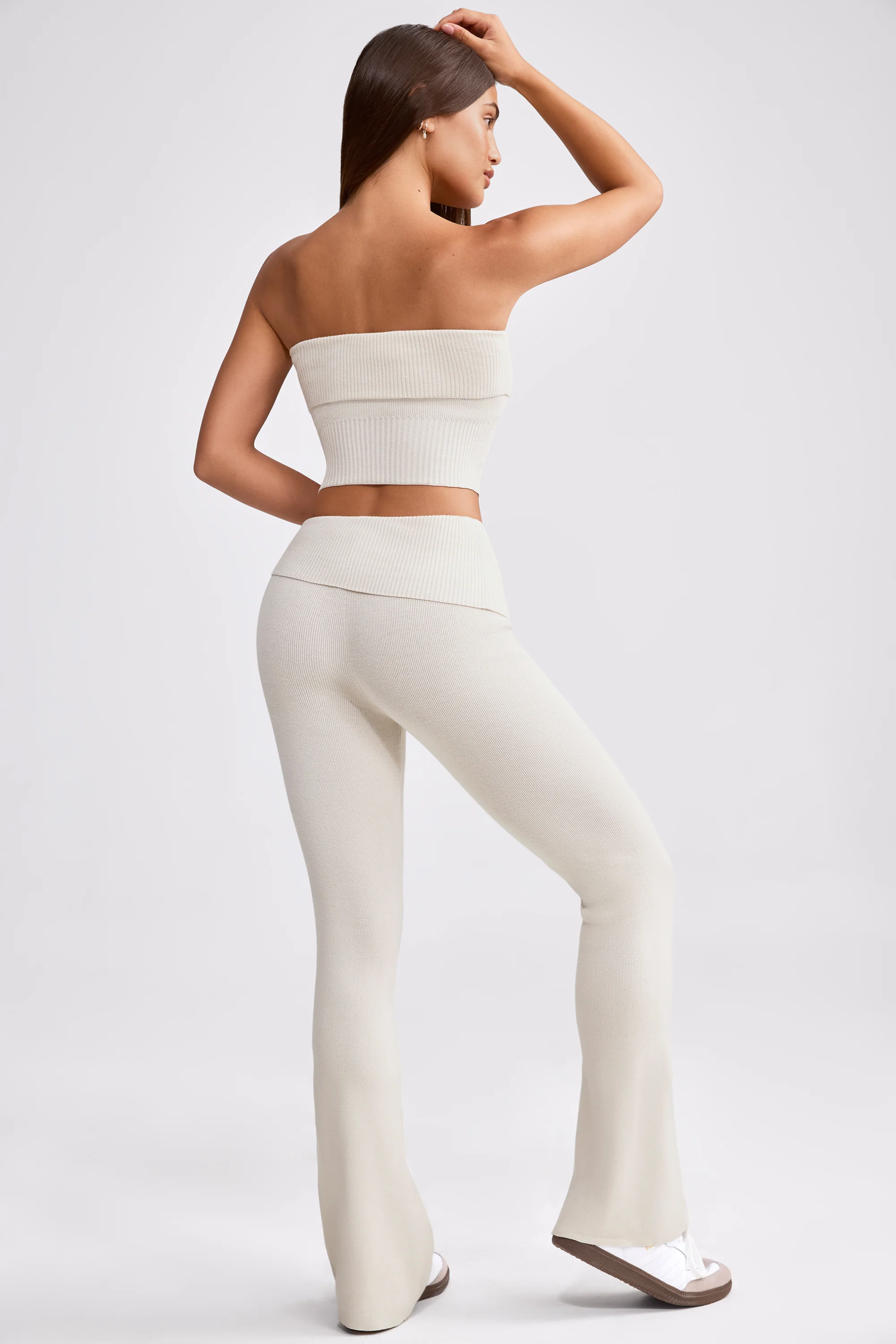 Chunky Knit Foldover Kick Flare Trousers in Cream - Image 3