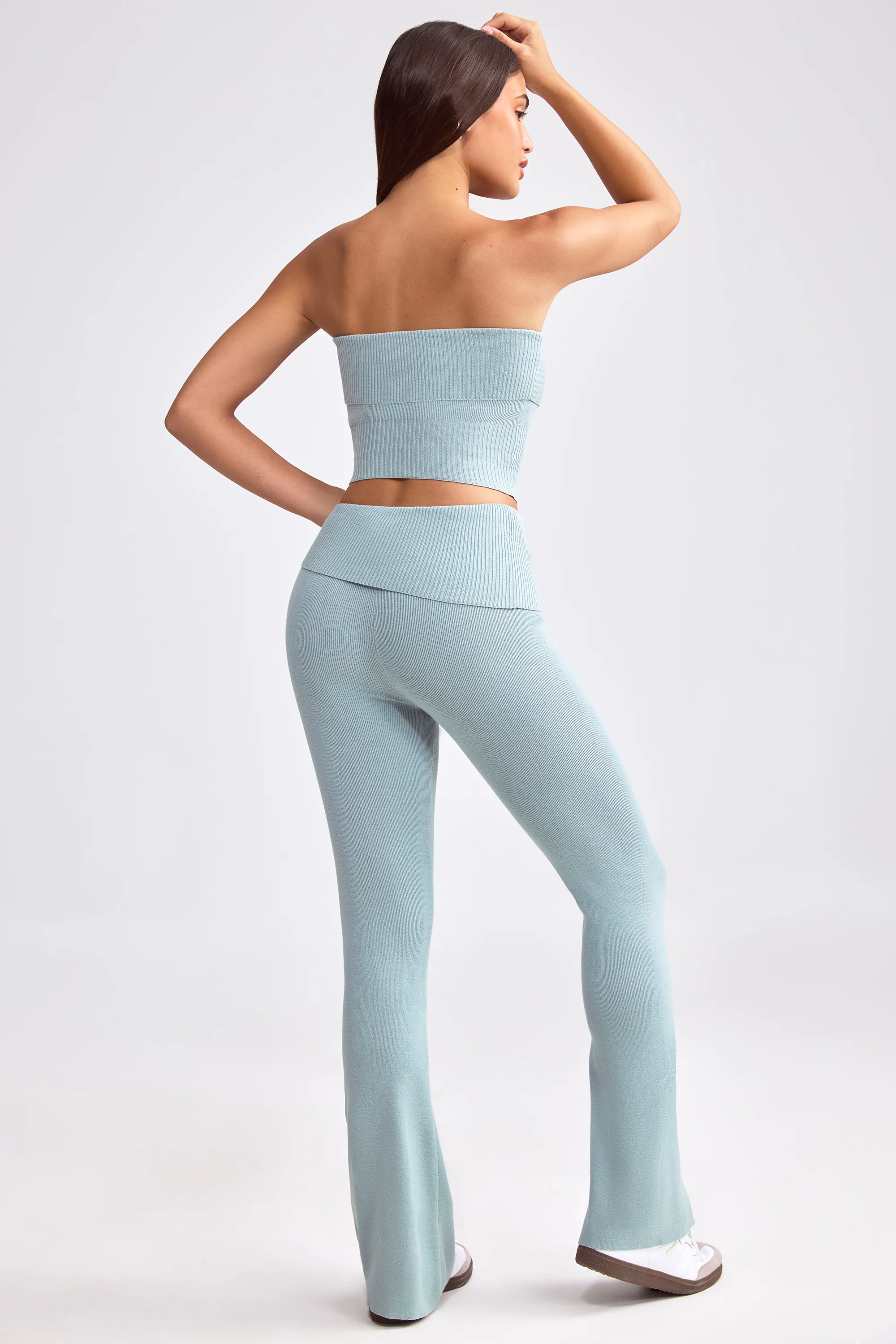 Chunky Knit Foldover Kick Flare Trousers in Dusty Teal - Image 3