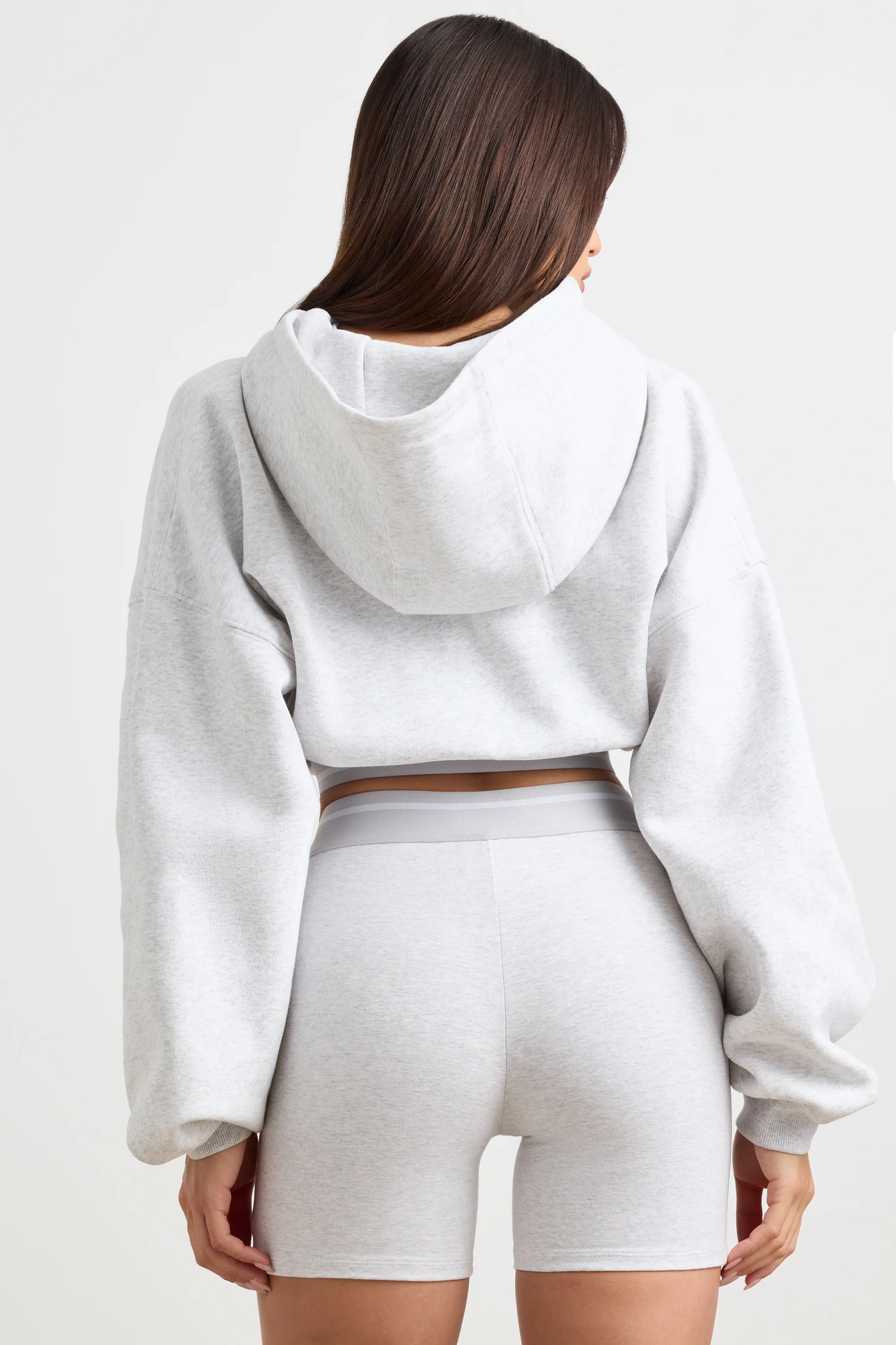 Stretch Cotton Fleece Cropped Hoodie in Grey Marl - Image 3