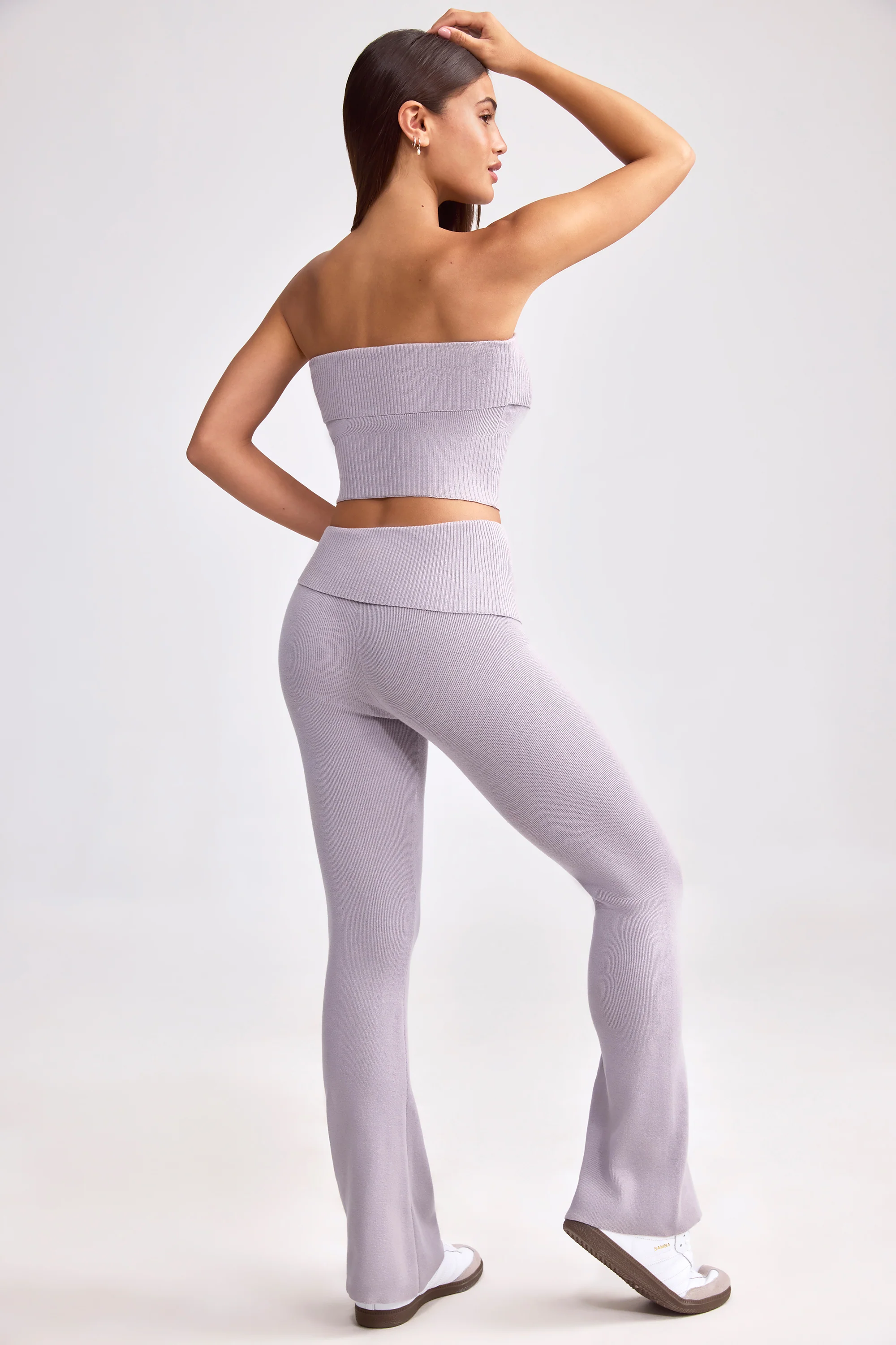 Fold Over Kick Flare Chunky Knit Trousers in Dusty Lavender - Image 3
