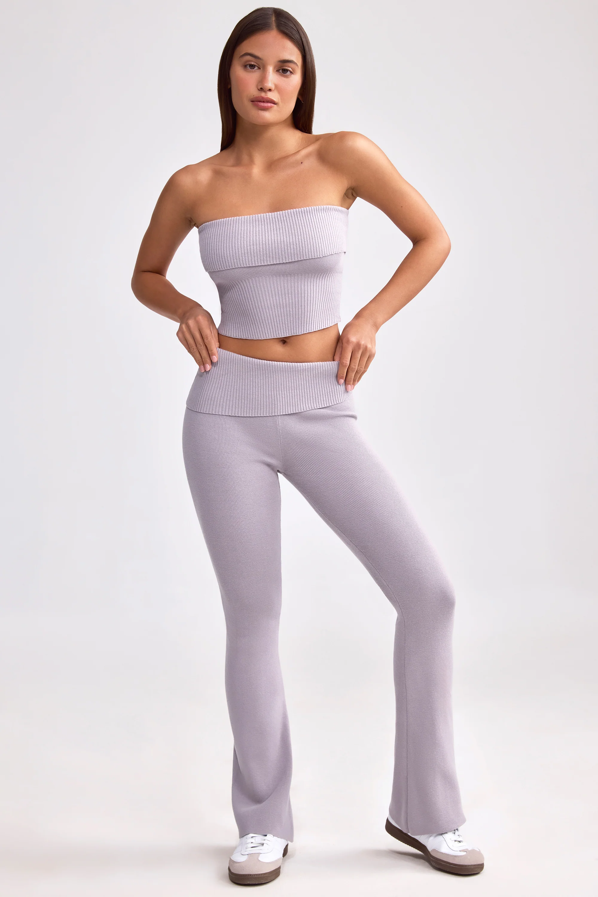 Fold Over Kick Flare Chunky Knit Trousers in Dusty Lavender - Image 5
