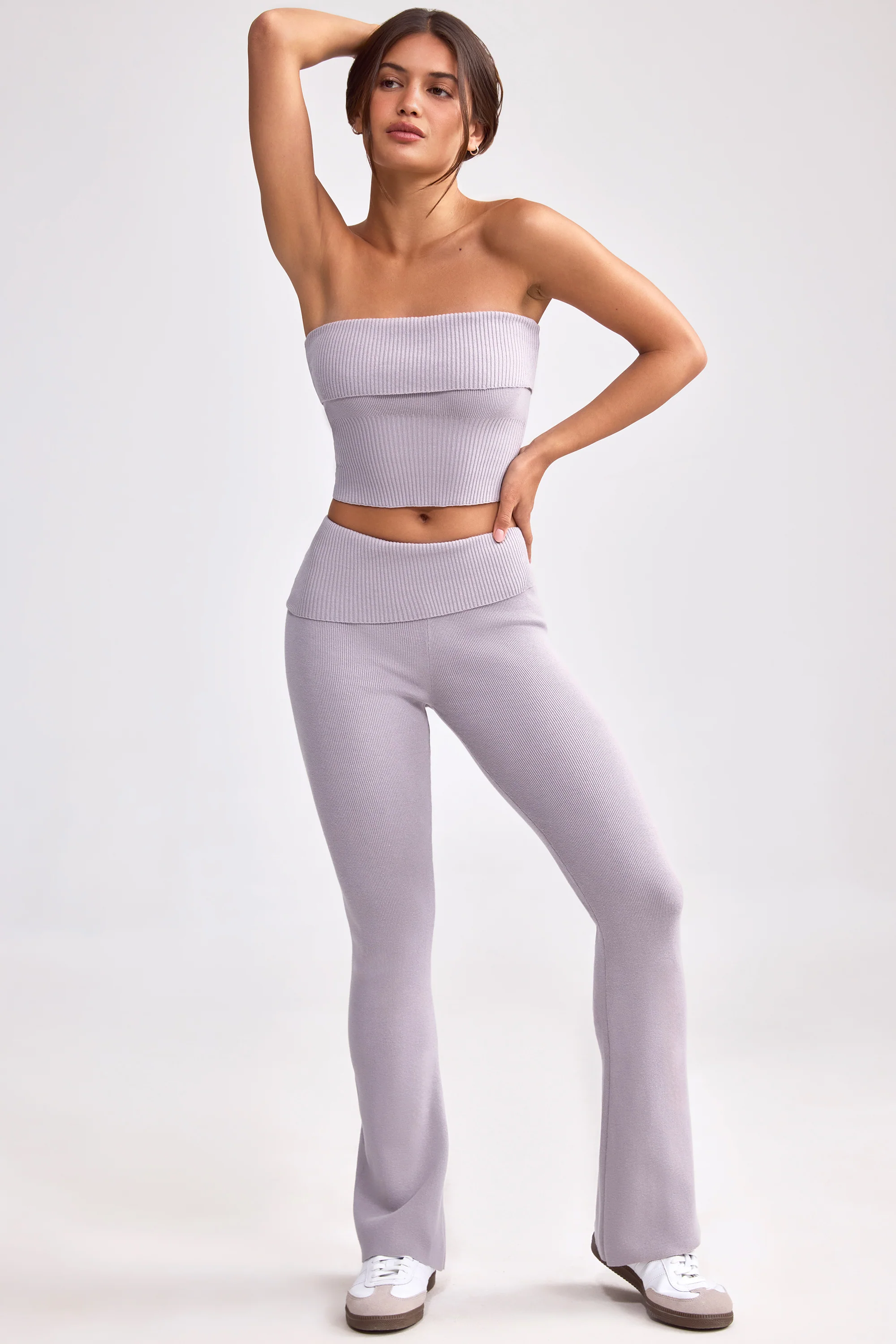 Fold Over Kick Flare Chunky Knit Trousers in Dusty Lavender - Image 9