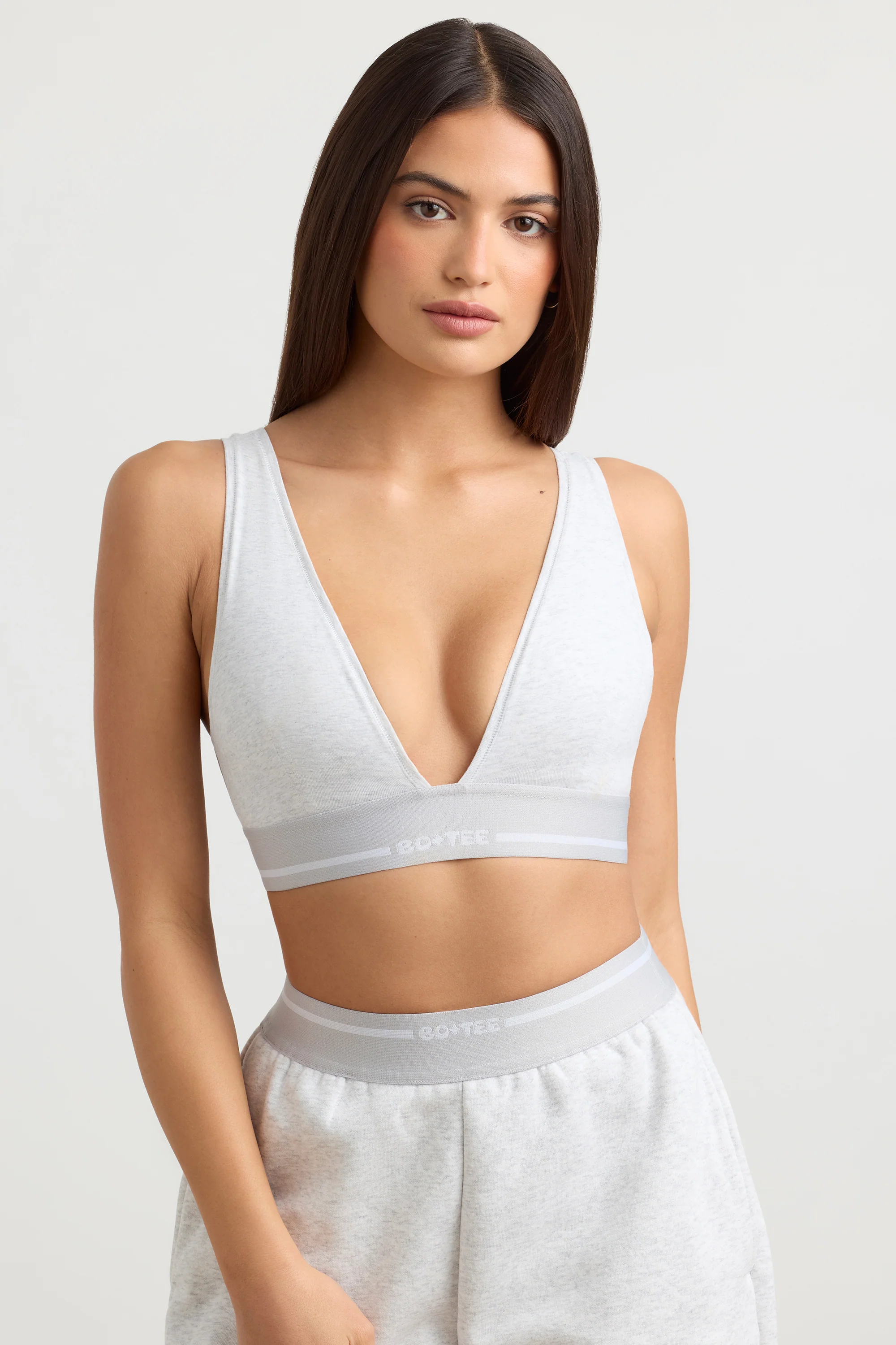 Stretch Cotton Jersey Plunge-Neck Crop Top in Grey Marl - Image 7
