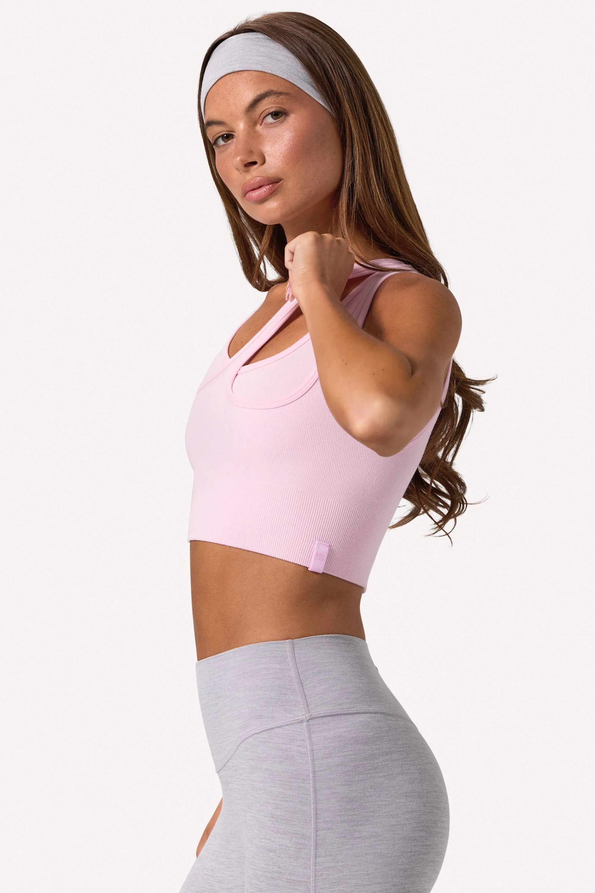 Seamless Soft Rib Asymmetric Sports Bra in Powder Pink - Image 3